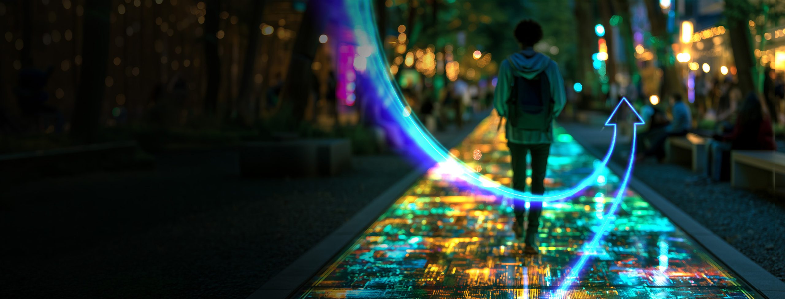 Student walking down a glowing path toward the future
